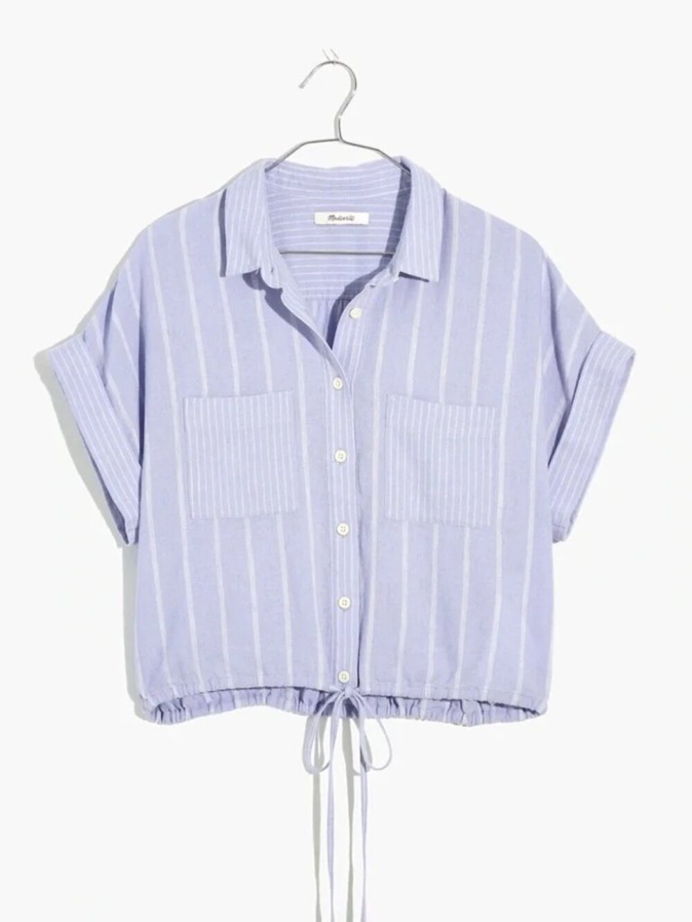 EUC Madewell Purple Lavender Stripe Crop Tie Hem Front Collar Linen Blouse Top